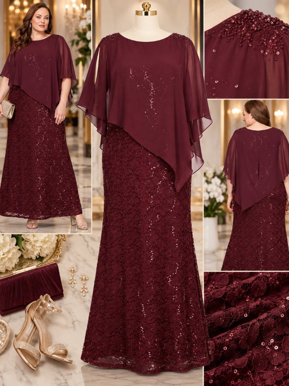 SL Fashions Plus Size 18 Fig Burgundy Sequin Lace Chiffon Cape Formal Gown